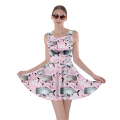 Purple Graphic Pattern Of Whales And Jellyfish On A Pink Skater Dress