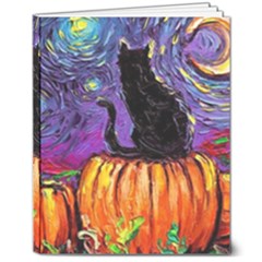 Halloween Art Starry Night Hallows Eve Black Cat Pumpkin 8  X 10  Hardcover Notebook