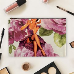 Cute Purple Dress Pin Up Girl Pink Rose Floral Art Cosmetic Bag (large)