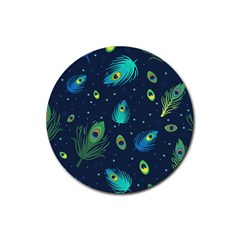 Blue Background Pattern Feather Peacock Rubber Coaster (round)