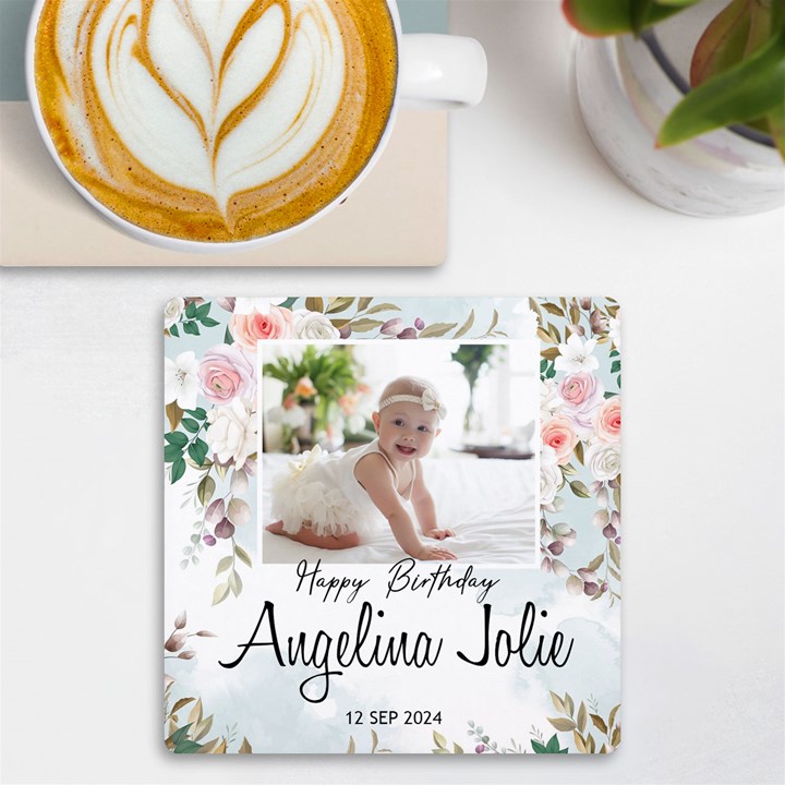 Personalized Floral Baby Name UV Print Square Tile Coaster UV Print Square Tile Coaster 