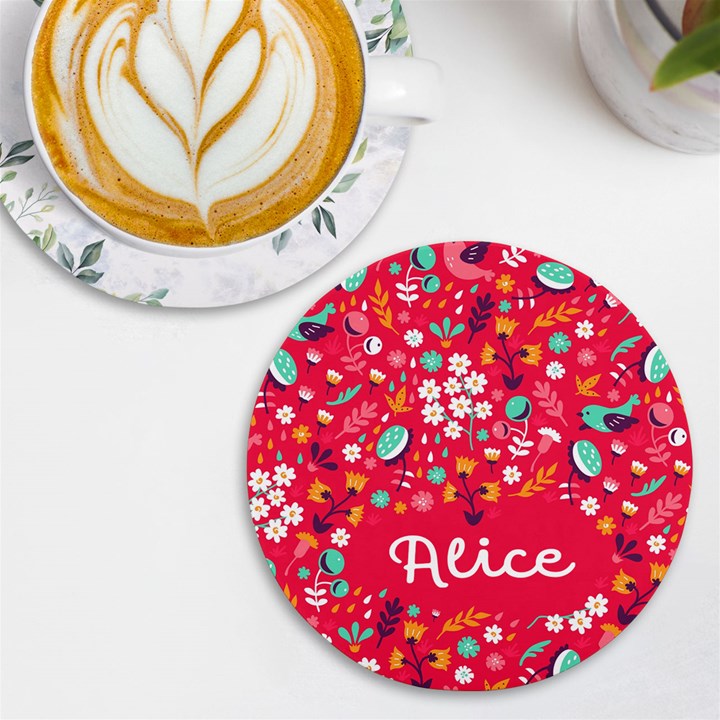 Personalized Spring Bird Floral Pattern Name Round Tile Coaster UV Print Round Tile Coaster