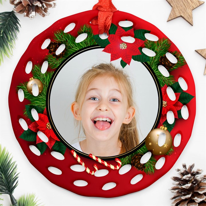 Personalized Merry Christmas Photo Name Any Text Round Filigree Ornament Round Filigree Ornament (Two Sides)